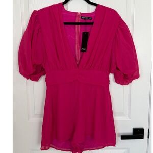Nasty Gal Old School Romantic Puff Sleeve Romper Hot Pink V-Neck Size 8 NEW